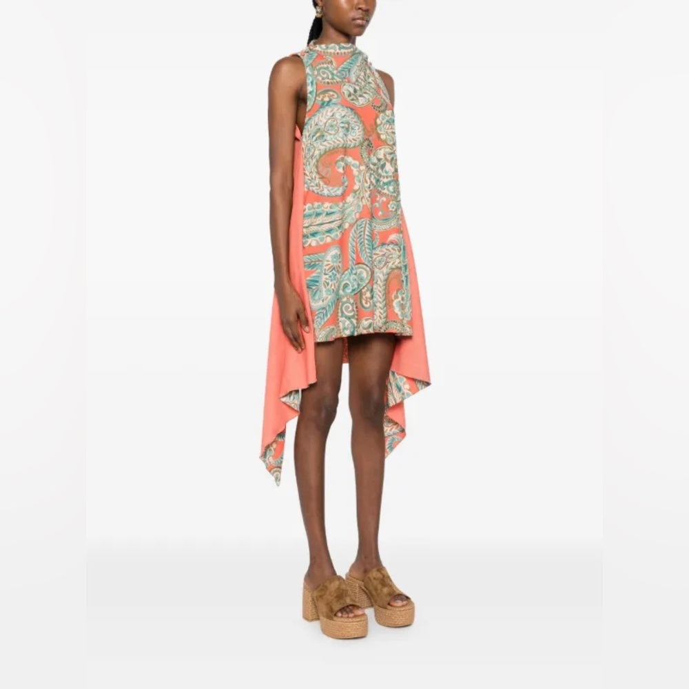 Etro Coral and Teal Paisley Asymmetrical High-Low Dress